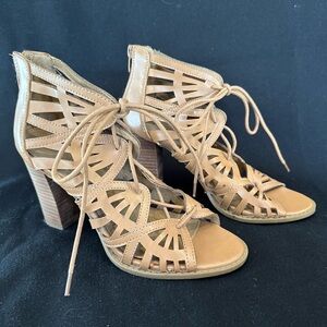 Report Tan Cutout Lace-Up Heels